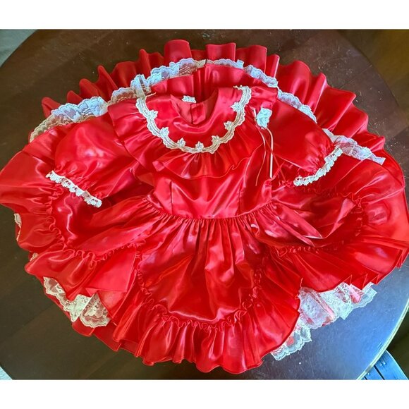 Vintage Girls Red Lace Ruffled Party Dress Full Circle Handmade 5/6x